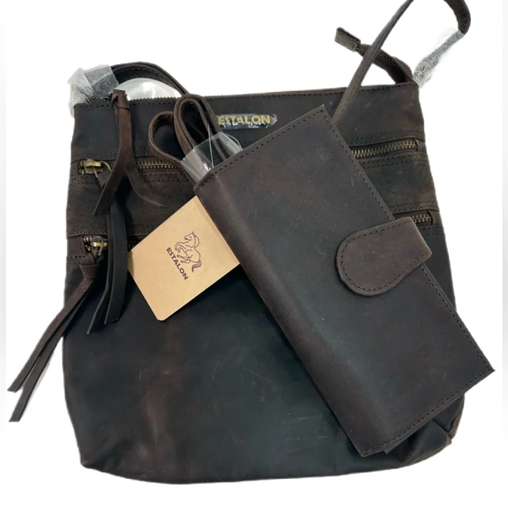 Leather ESTALON Crossbody Bags/Bifold Wallet set - Picture 1 of 15